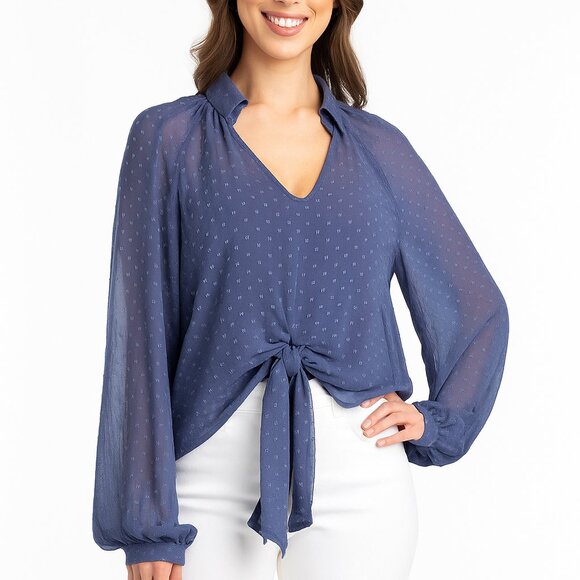 NWT Balloon Sleeve Tie-Front Blouse Clip Dot Denim Blue Large Layer BCX V Neck - Picture 1 of 9